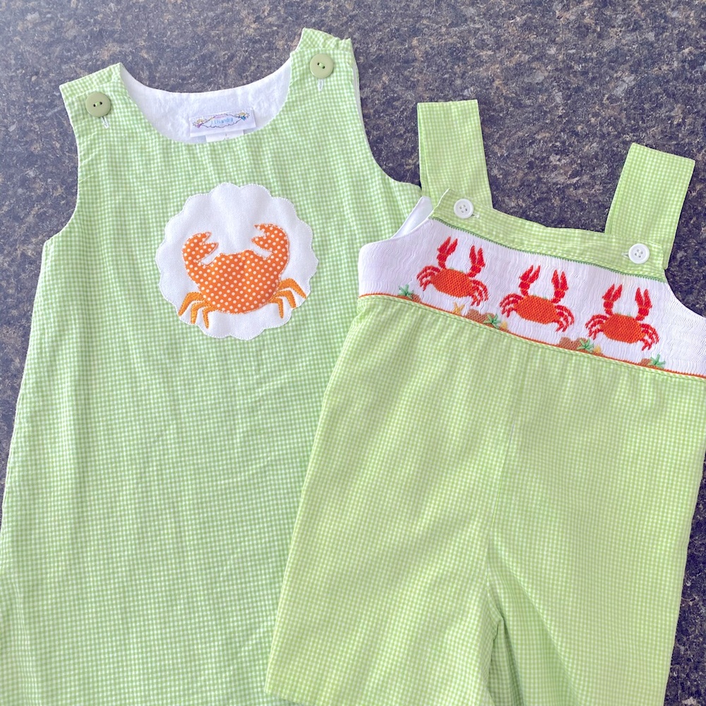 appliqué crab dress (2T) & smocked shortall (6 mo)